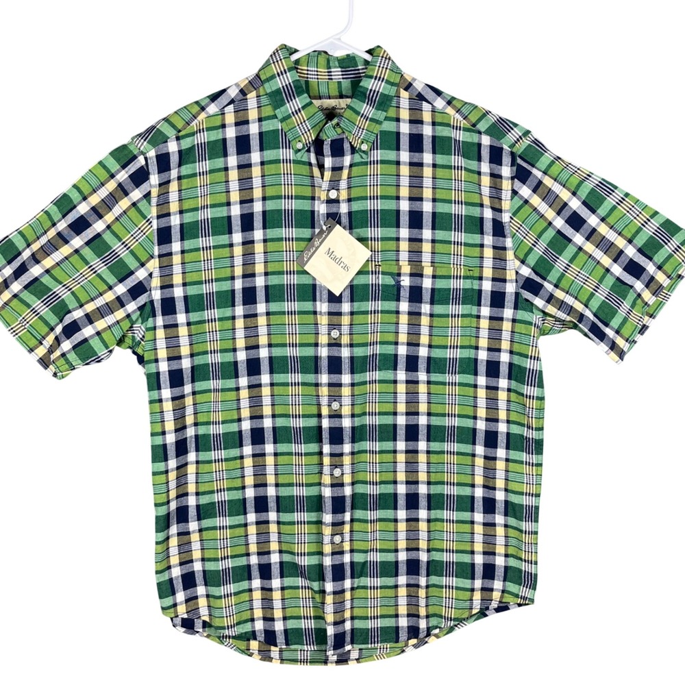 Eddie Bauer Madras Shirt Mens Medium Green Plaid Short Sleeve Button Down NWT